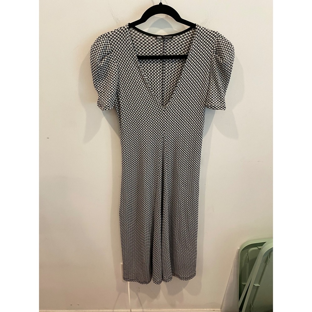 Zara Womens Black‎ White Gingham Check Puff Sleeve V-Neck Midi Dress Small